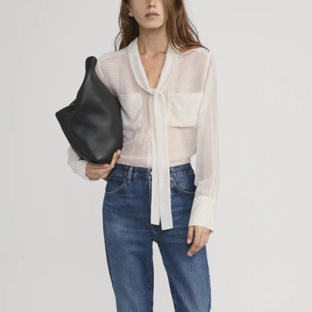 Frame | 100% Silk Shirt Modern Tie Bow Blouse in Ecru/Cream/Off White, Size XS